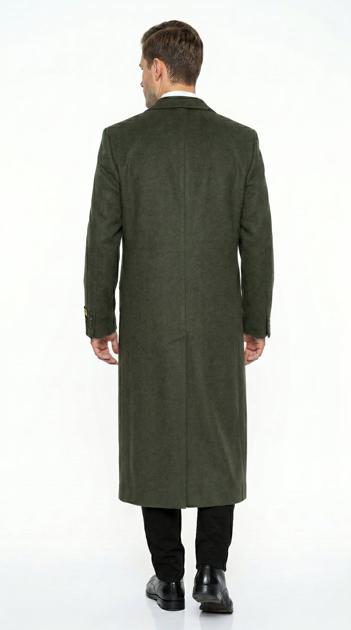 Men’s Olive Green Full Length Wool Blend Topcoat, Long Dress Overcoat for Winter Formal Wear