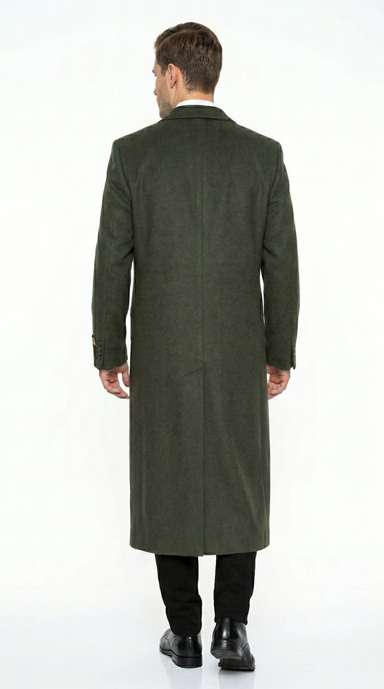Men’s Olive Green Full Length Wool Blend Topcoat, Long Dress Overcoat for Winter Formal Wear