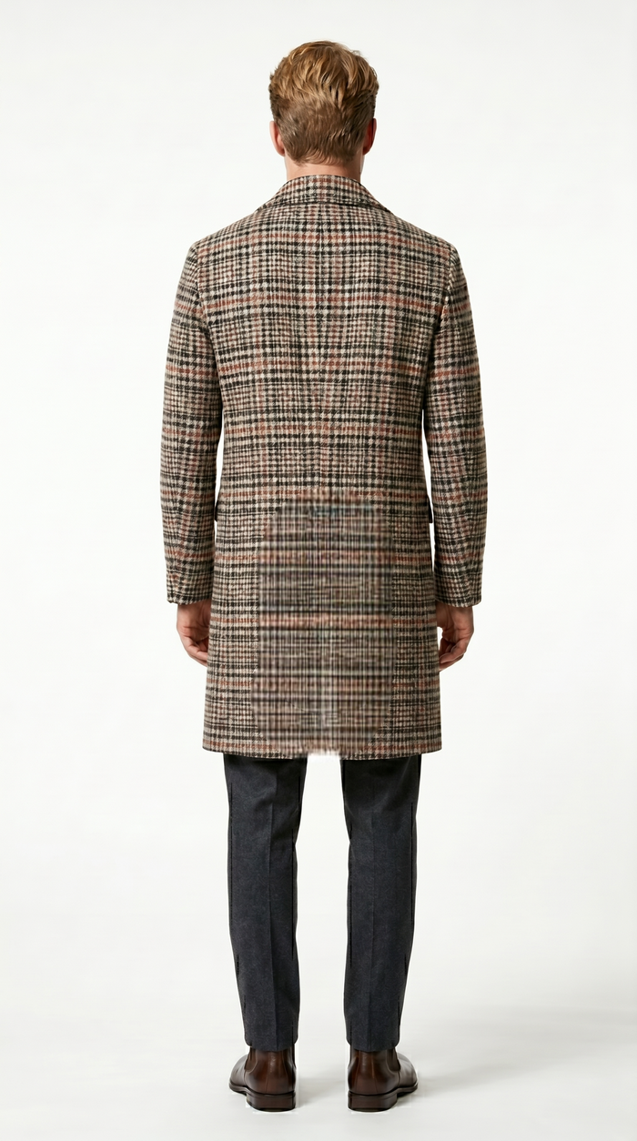 Men’s Cream Black and Red Plaid Wool Blend Peacoat, Checkered Double Breasted Winter Coat