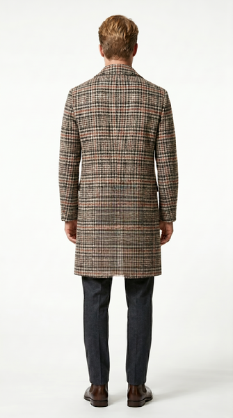 Men’s Cream Black and Red Plaid Wool Blend Peacoat, Checkered Double Breasted Winter Coat