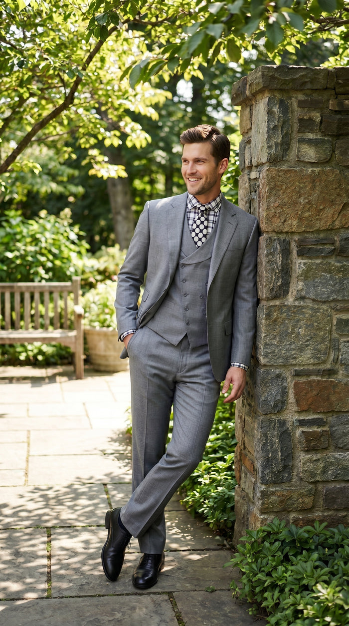 Men’s Light Grey 3 Piece Suit with Double Breasted Vest and Pleated Pants
