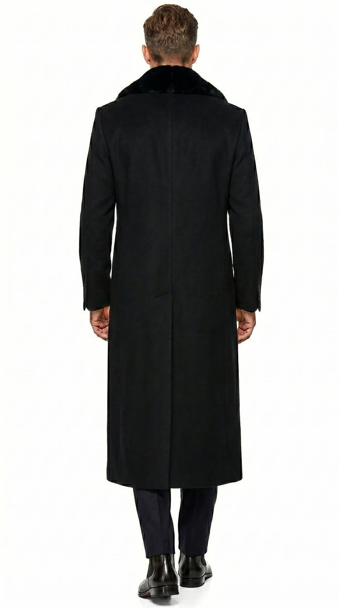Men’s Black Cashmere Blend Full Length Overcoat with Fur Style Collar, Winter Dress Coat