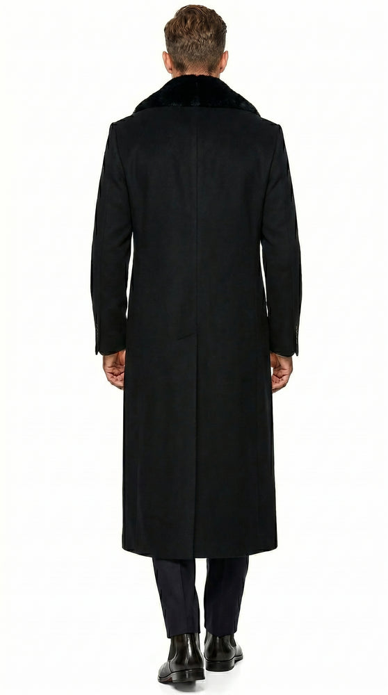 Men’s Black Cashmere Blend Full Length Overcoat with Fur Style Collar, Winter Dress Coat
