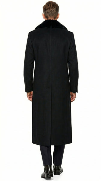 Men’s Black Cashmere Blend Full Length Overcoat with Fur Style Collar, Winter Dress Coat