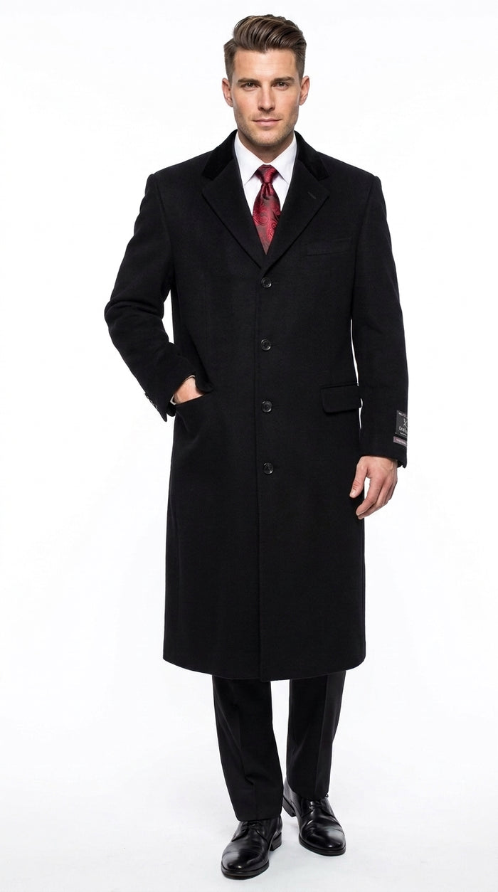 Men’s Black Chesterfield Full Length Wool and Cashmere Overcoat, Formal Winter Dress Coat