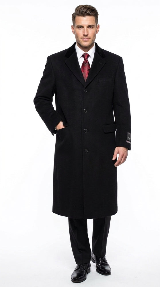 Men’s Black Chesterfield Full Length Wool and Cashmere Overcoat, Formal Winter Dress Coat