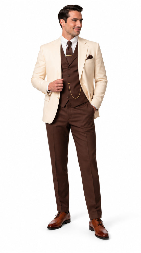 Great Gatsby 1920s ivory Dinner Jacket with Brown Vest and Pants Crema off White Collor Outfit
