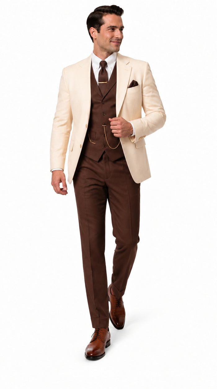 Great Gatsby 1920s ivory Dinner Jacket with Brown Vest and Pants Crema off White Collor Outfit
