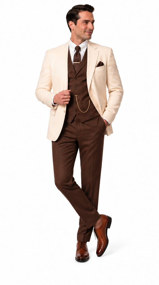 Great Gatsby 1920s ivory Dinner Jacket with Brown Vest and Pants Crema off White Collor Outfit