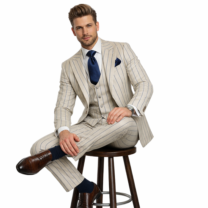 Sandline Beige & Blue Pinstripe 3-Piece Executive Suit by Rossiman