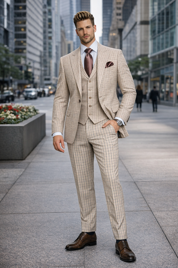 Beige Heritage Microcheck 3-Piece Tailored Elegance Suit