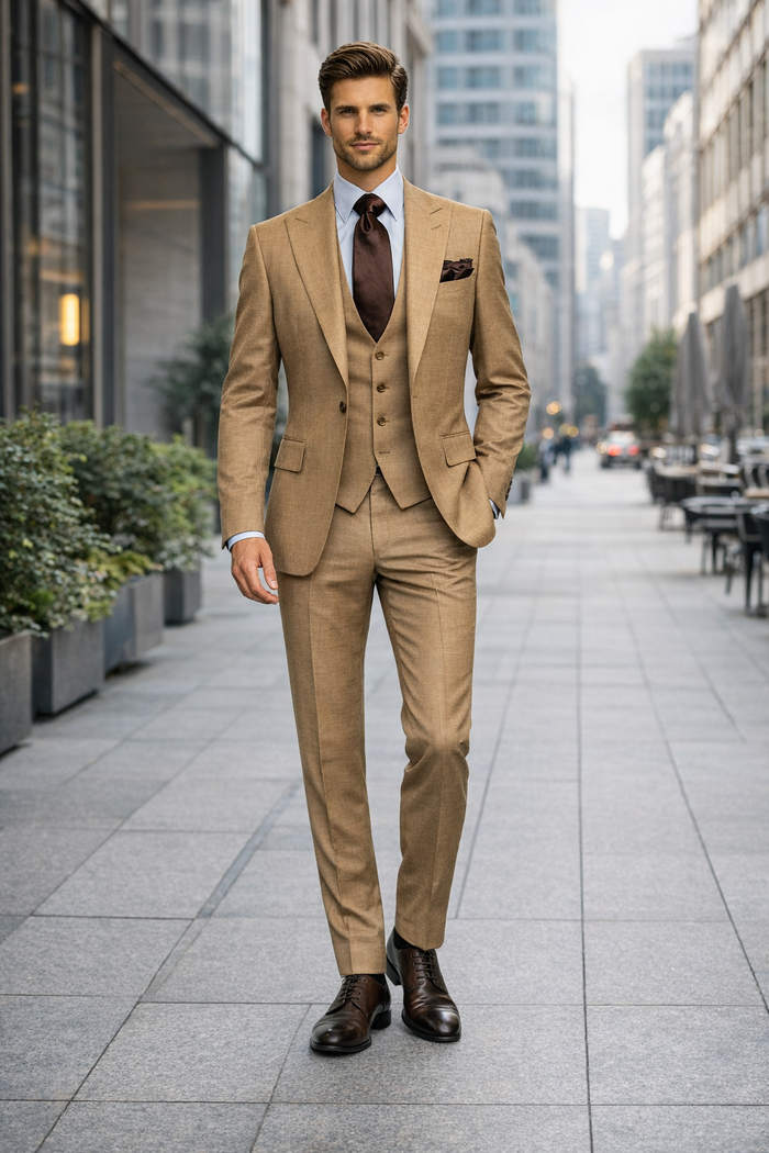 Camel Crest Tan Crosshatch 3-Piece Heritage Suit by Rossiman