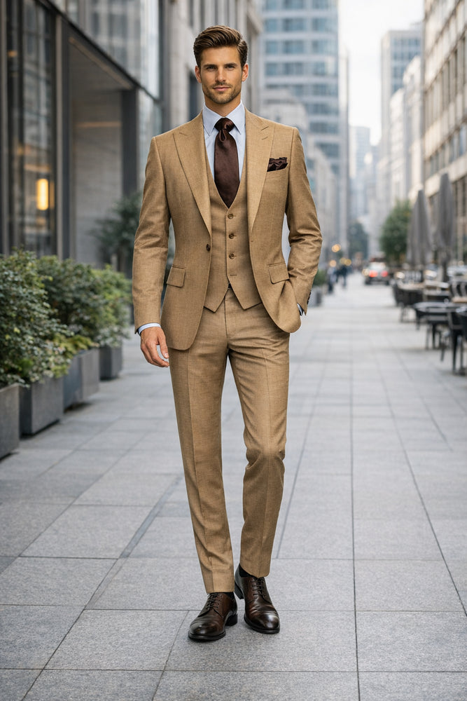 Camel Crest Tan Crosshatch 3-Piece Heritage Suit by Rossiman