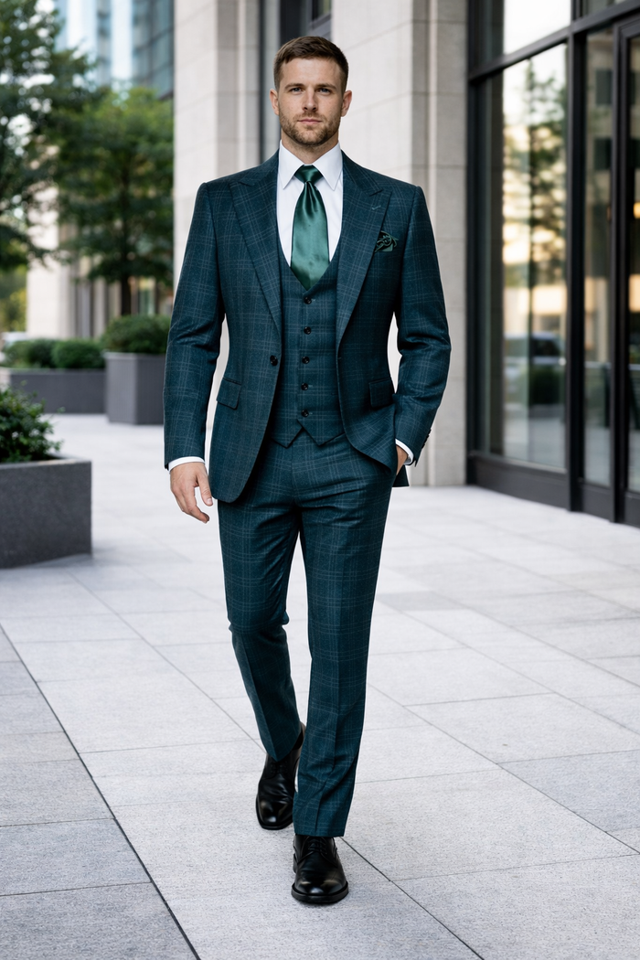 Deep Teal Crosshatch Plaid 3-Piece Tailored Suit with Satin Emerald