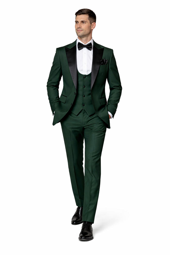 Emerald Regent Satin-Lapel 3-Piece Formal Tuxedo Suit by Rossiman