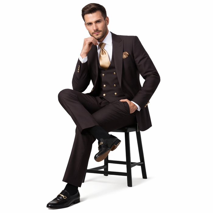 Espresso Brown 3-Piece Luxury Wedding Suit with Gold Accents