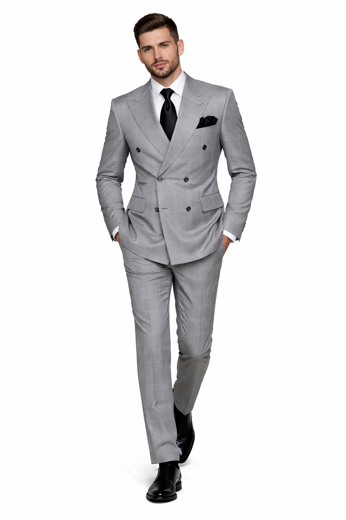 Grey Windowpane Double-Breasted 3-Piece Executive Suit