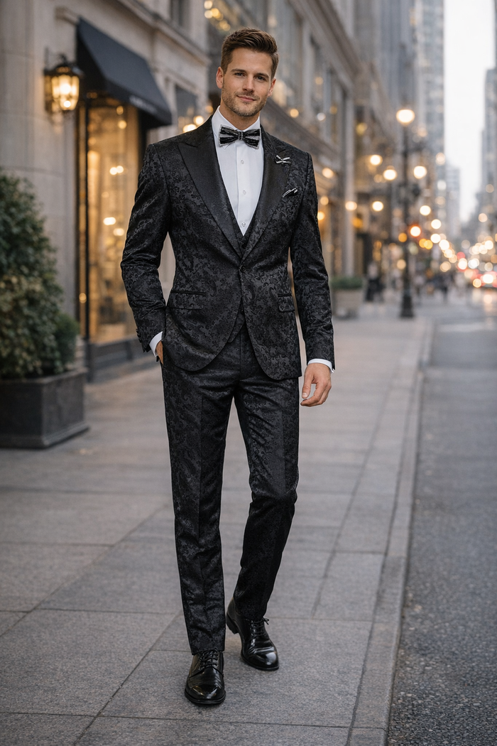 Obsidian Royale Black Jacquard 3-Piece Gala Suit by Rossiman