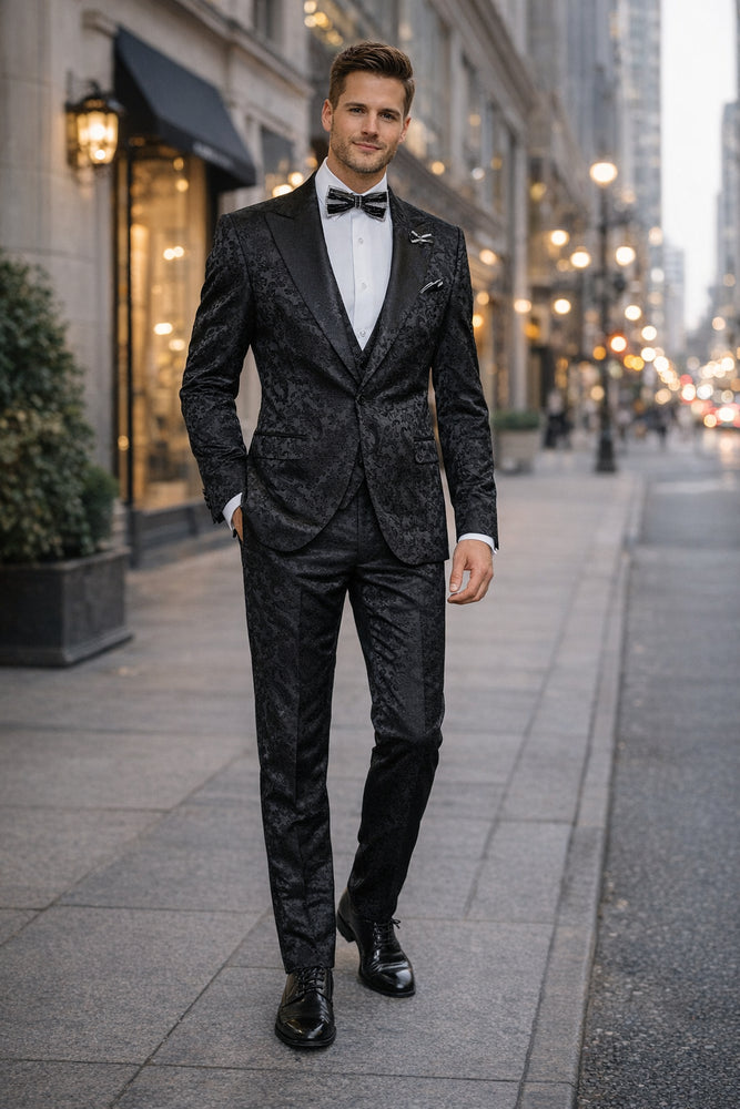 Obsidian Royale Black Jacquard 3-Piece Gala Suit by Rossiman