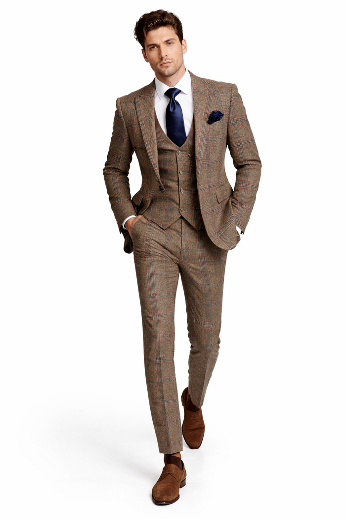 Mens Rossiman Brown Plaid 3-Piece Vested Suit – Classic Tailored Fit