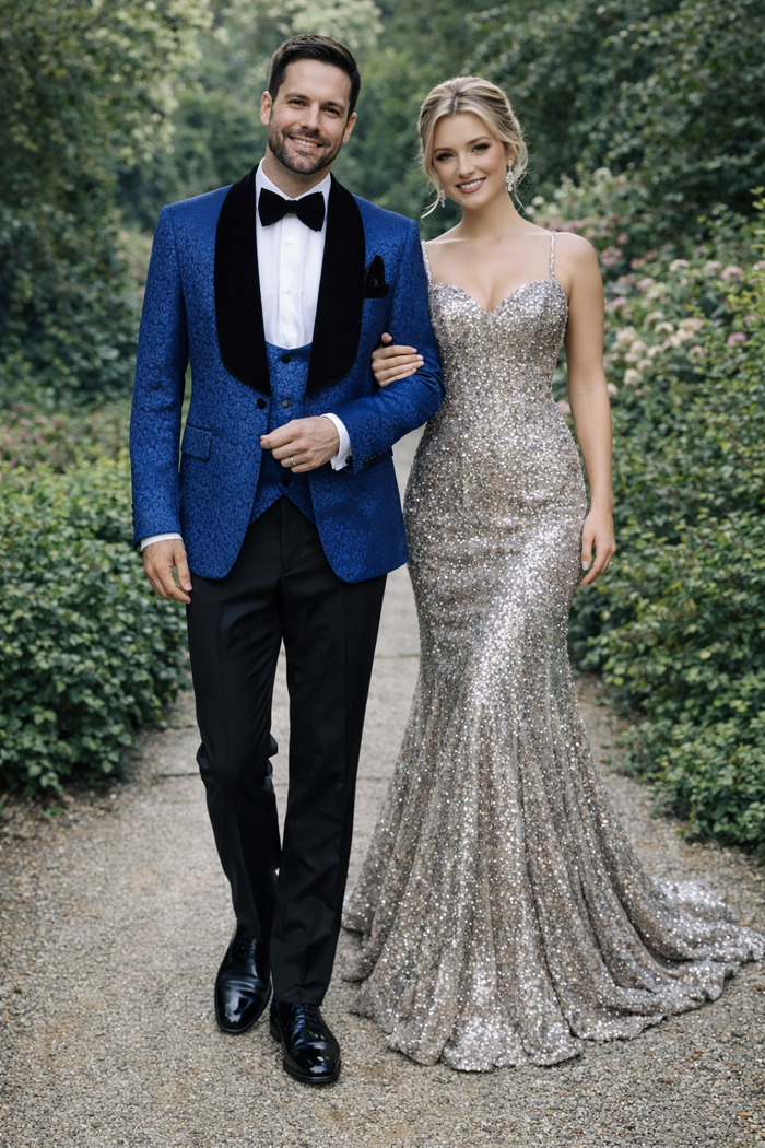 Rossiman Royal Midnight Blue Velvet-Lapel 3-Piece Gala Tuxedo Suit