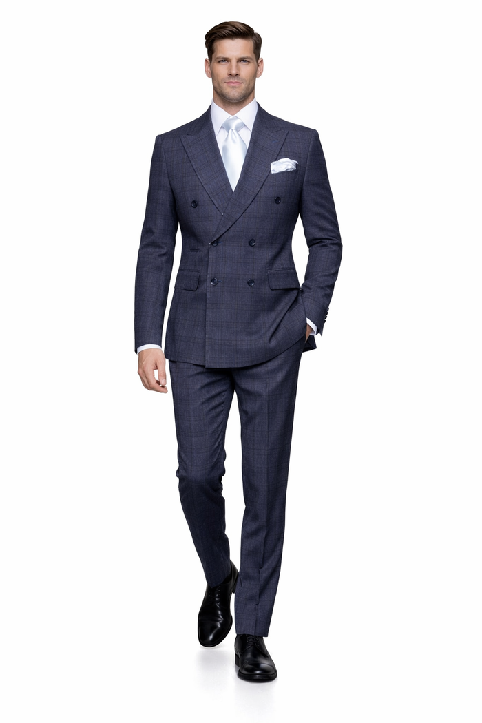 Navy Windsor Plaid Double-Breasted 3-Piece Luxury Suit by Rossiman