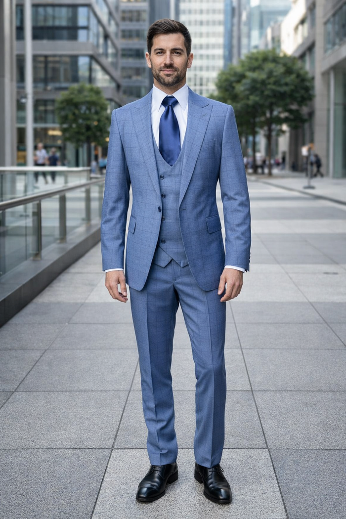 Sky Blue Windowpane 3-Piece Tailored Wedding Suit by Rossiman