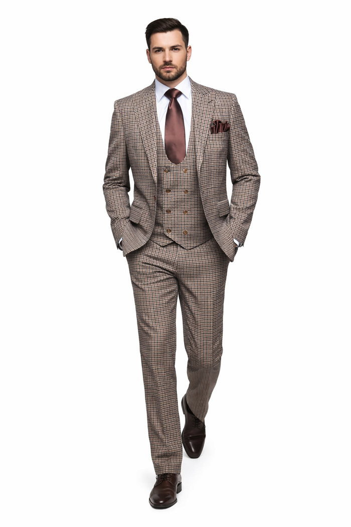 Rossiman Windsor Tan Mini-Check Double-Breasted 3-Piece Heritage Suit