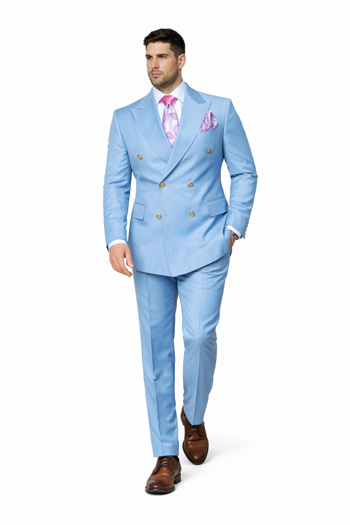 Sky Royale Double-Breasted 3-Piece Luxury Suit in Powder Blue by Rossiman