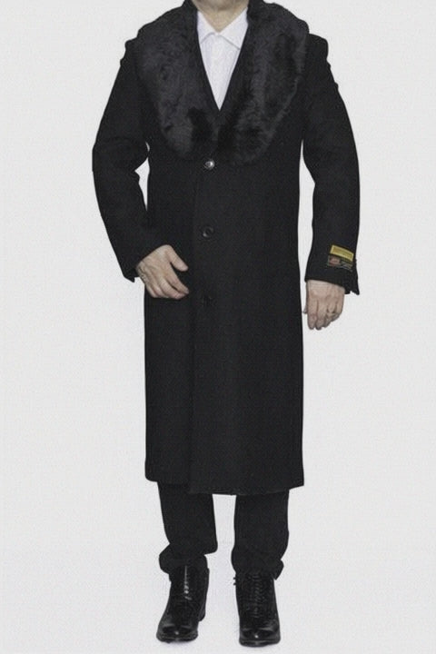 Men's Black Full Length 48â€ Long Fur Collar Overcoat