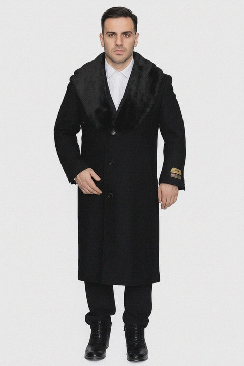 Men's Black Full Length 48â€ Long Fur Collar Overcoat