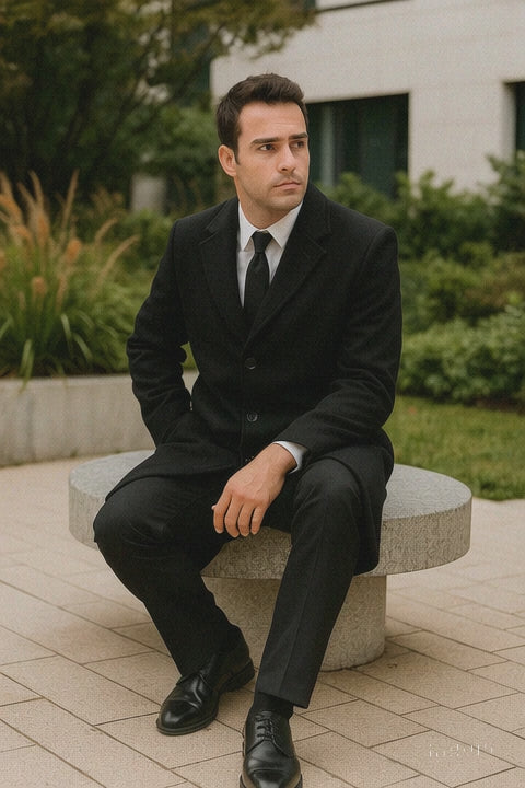 Men’s Black Wool-Blend Topcoat