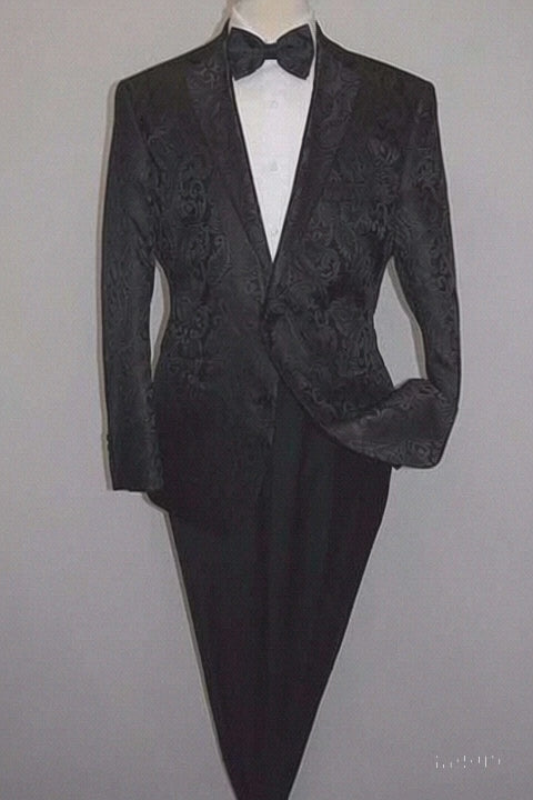 Men's Shiny 2 Buttons Notch Collar Floral Paisley Formal Black Blazer