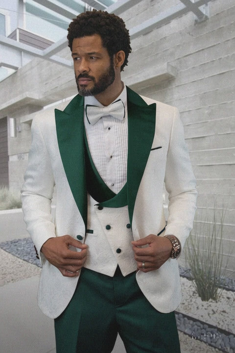Hunter Green & White Paisley Mens Tuxedo – Vested Wool Suit for Prom & Weddings