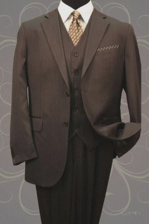 Classic Vested 3 Pieces 2 Button Dark Brown Stripe ~ Pinstripe Men's Suit