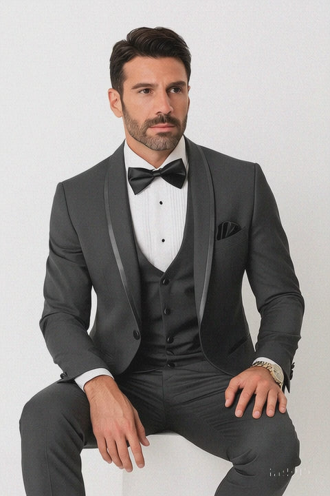 Charcoal Vested Tuxedo for Men – Satin Shawl Lapel Formal Prom Suit
