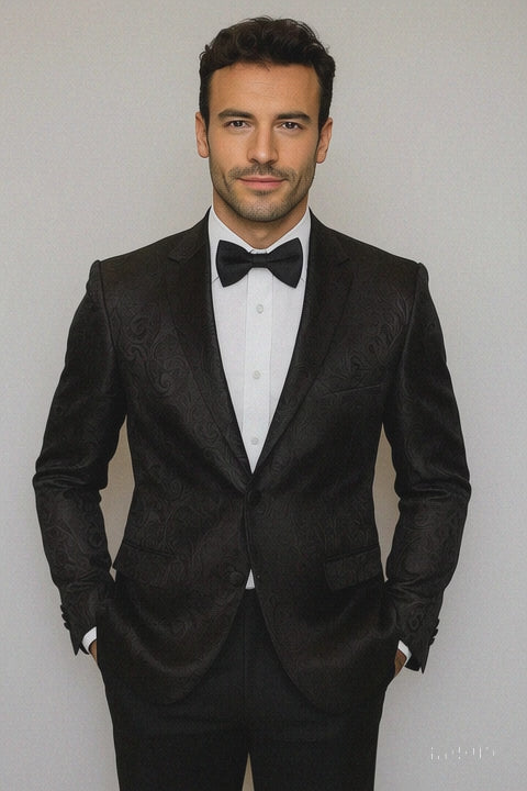 Men's Shiny 2 Buttons Notch Collar Floral Paisley Formal Black Blazer