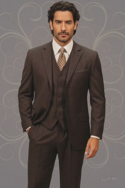 Classic Vested 3 Pieces 2 Button Dark Brown Stripe ~ Pinstripe Men's Suit