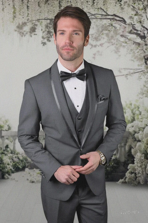 Charcoal Vested Tuxedo for Men – Satin Shawl Lapel Formal Prom Suit