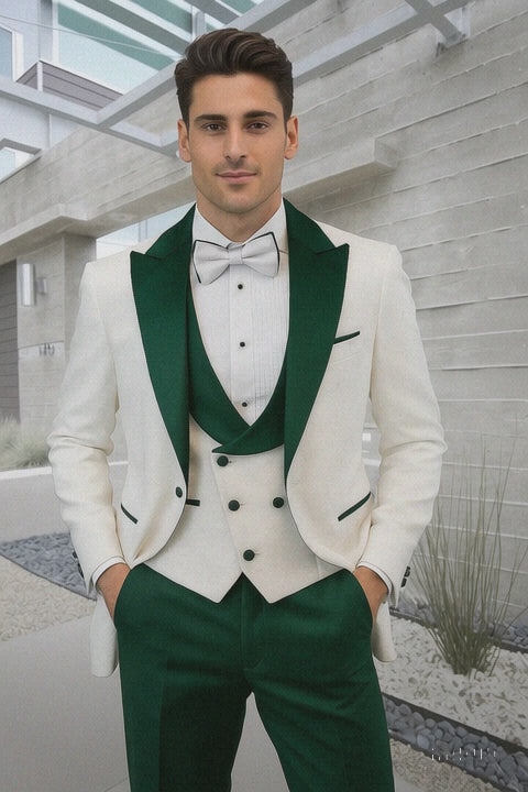Hunter Green & White Paisley Mens Tuxedo – Vested Wool Suit for Prom & Weddings