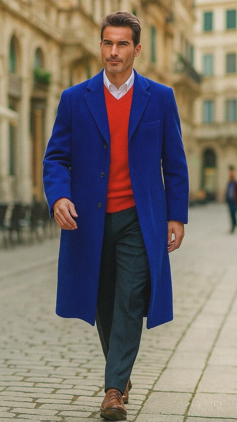 Royal Blue Men's Dress Coat full length Overcoat
