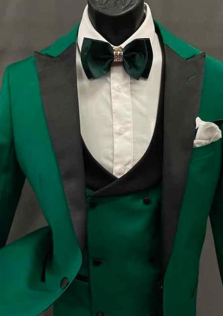 Mens One Button Peak Lapel Green Suit