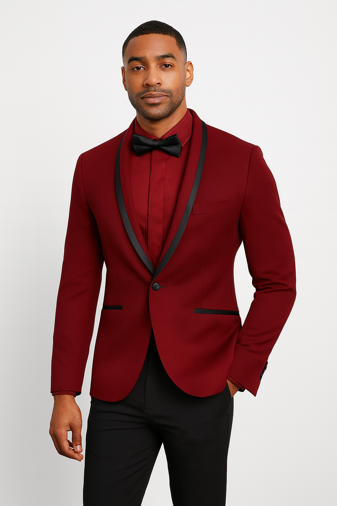 Prom 2025 ~ Wedding Tuxedo Dinner Jacket Burgundy and Black Trim