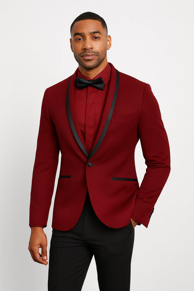Prom 2026 ~ Wedding Tuxedo Dinner Jacket Burgundy and Black Trim