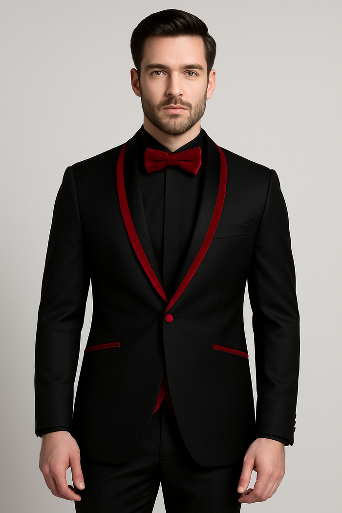 Prom 2026 ~ Wedding Tuxedo Dinner Jacket Black/Burgundy Trim
