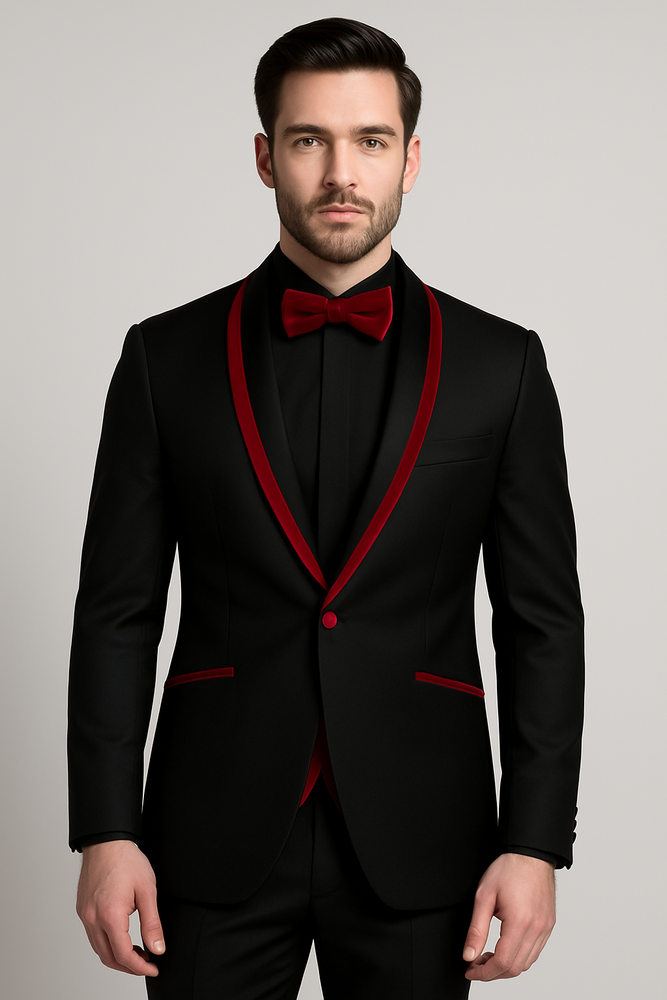 Prom 2025 ~ Wedding Tuxedo Dinner Jacket Black/Burgundy Trim