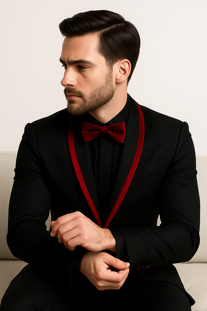 Prom 2025 ~ Wedding Tuxedo Dinner Jacket Black/Burgundy Trim