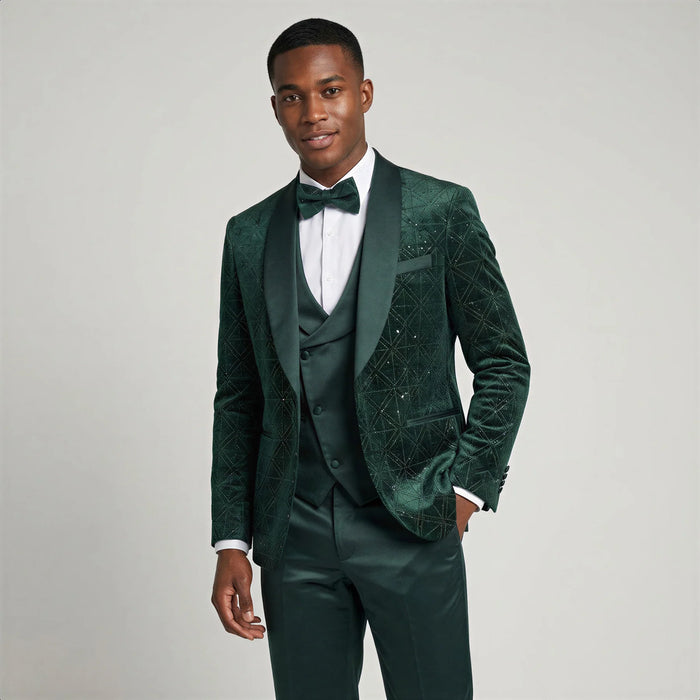 Green Velvet Patterned Shawl Lapel Tuxedo Set – Wedding & Prom