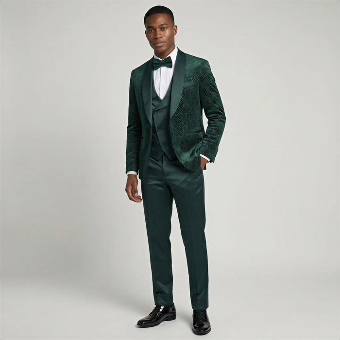 Green Velvet Patterned Shawl Lapel Tuxedo Set – Wedding & Prom
