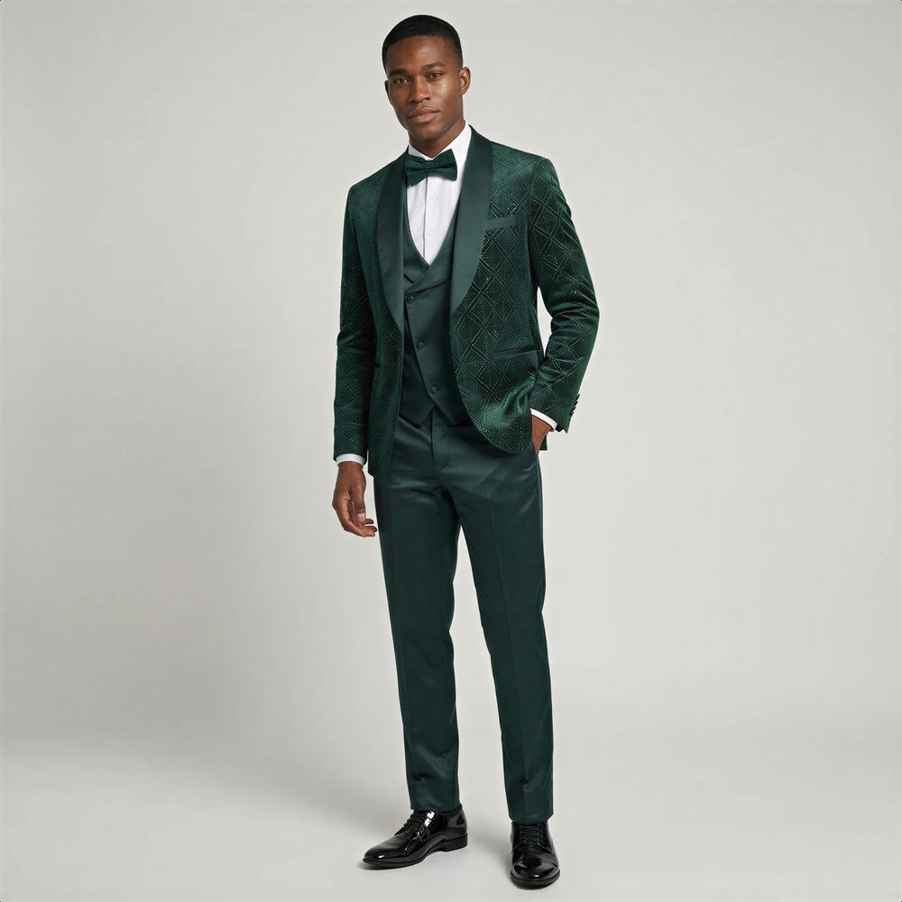 Green Velvet Patterned Shawl Lapel Tuxedo Set – Wedding & Prom